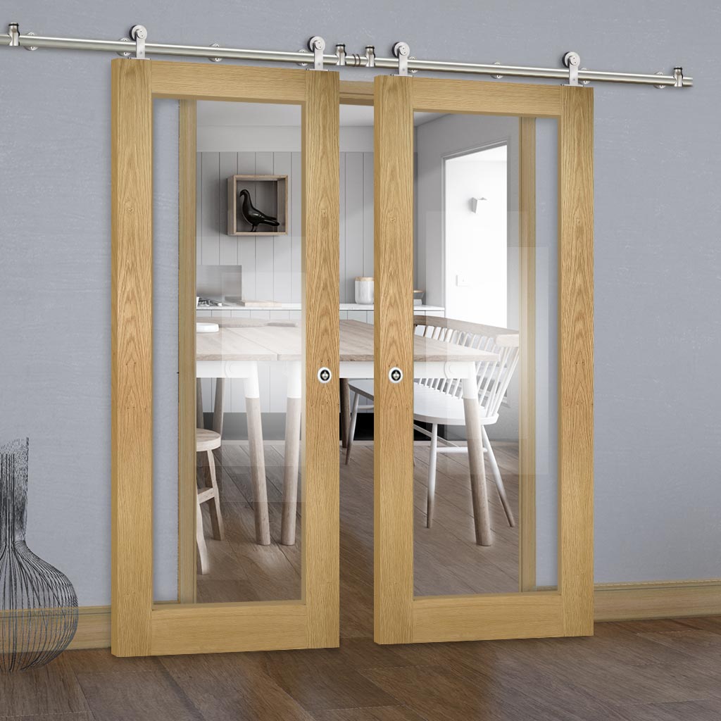 Sirius Tubular Stainless Steel Sliding Track & Walden Oak Double Door - Clear Glass - Unfinished