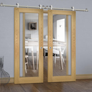 Image: Sirius Tubular Stainless Steel Sliding Track & Walden Oak Double Door - Clear Glass - Unfinished