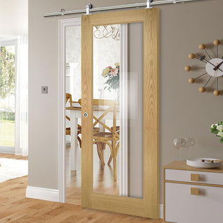 Image: Sirius Tubular Stainless Steel Sliding Track & Walden Oak Door - Clear Glass - Unfinished