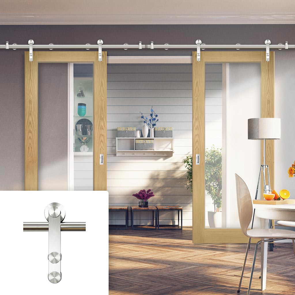 Saturn Tubular Stainless Steel Sliding Track & Walden Oak Double Door - Clear Glass - Unfinished