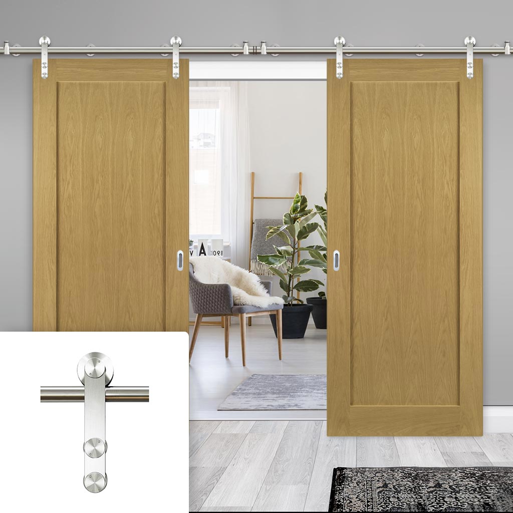 Saturn Tubular Stainless Steel Sliding Track & Walden Oak Double Door - Unfinished