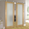 Sirius Tubular Stainless Steel Sliding Track & Walden Oak Double Door - Frosted Glass - Unfinished