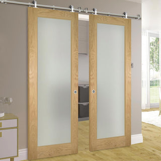 Image: Sirius Tubular Stainless Steel Sliding Track & Walden Oak Double Door - Frosted Glass - Unfinished