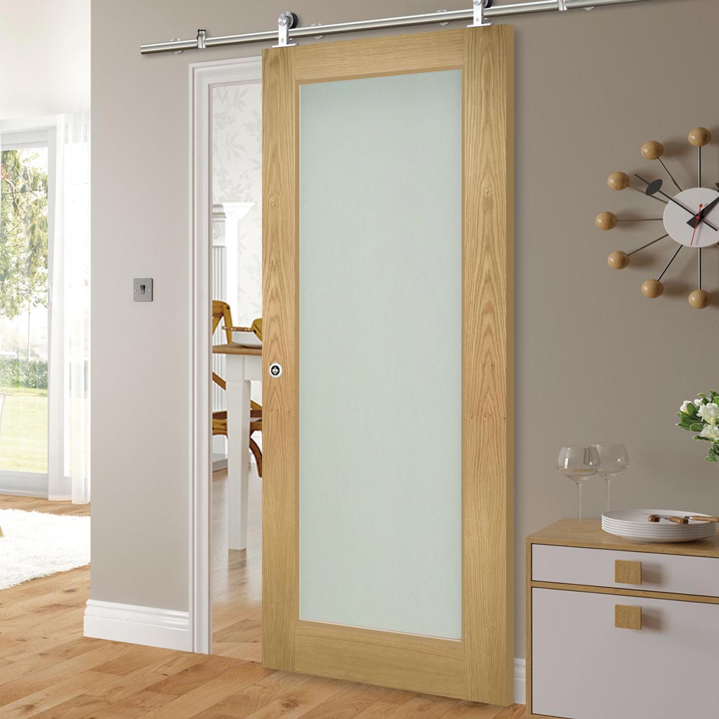 Sirius Tubular Stainless Steel Sliding Track & Walden Oak Door - Frosted Glass - Unfinished