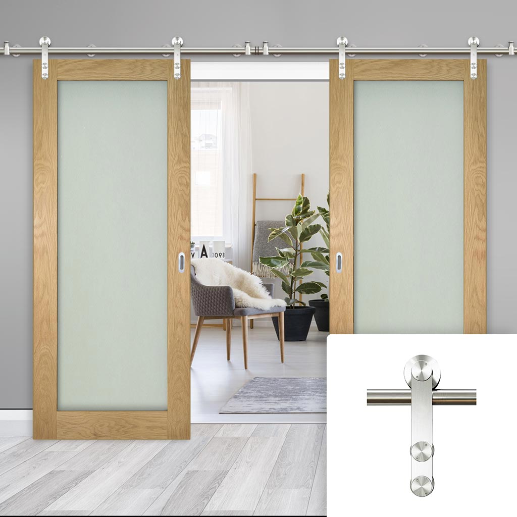 Saturn Tubular Stainless Steel Sliding Track & Walden Oak Double Door - Frosted Glass - Unfinished