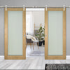 Saturn Tubular Stainless Steel Sliding Track & Walden Oak Double Door - Frosted Glass - Unfinished