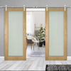 Saturn Tubular Stainless Steel Sliding Track & Walden Oak Double Door - Frosted Glass - Unfinished
