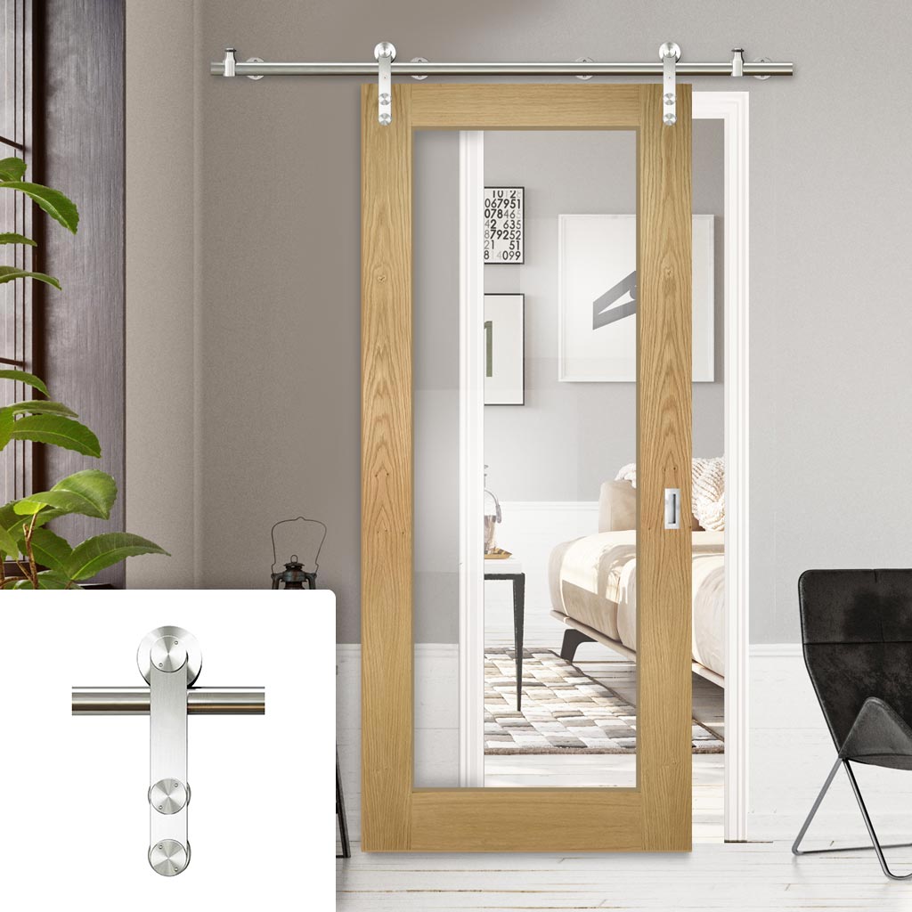 Saturn Tubular Stainless Steel Sliding Track & Walden Oak Door - Clear Glass - Unfinished