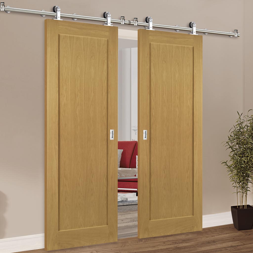 Sirius Tubular Stainless Steel Sliding Track & Walden Oak Double Door - Unfinished