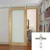 Saturn Tubular Stainless Steel Sliding Track & Walden Oak Door - Frosted Glass - Unfinished
