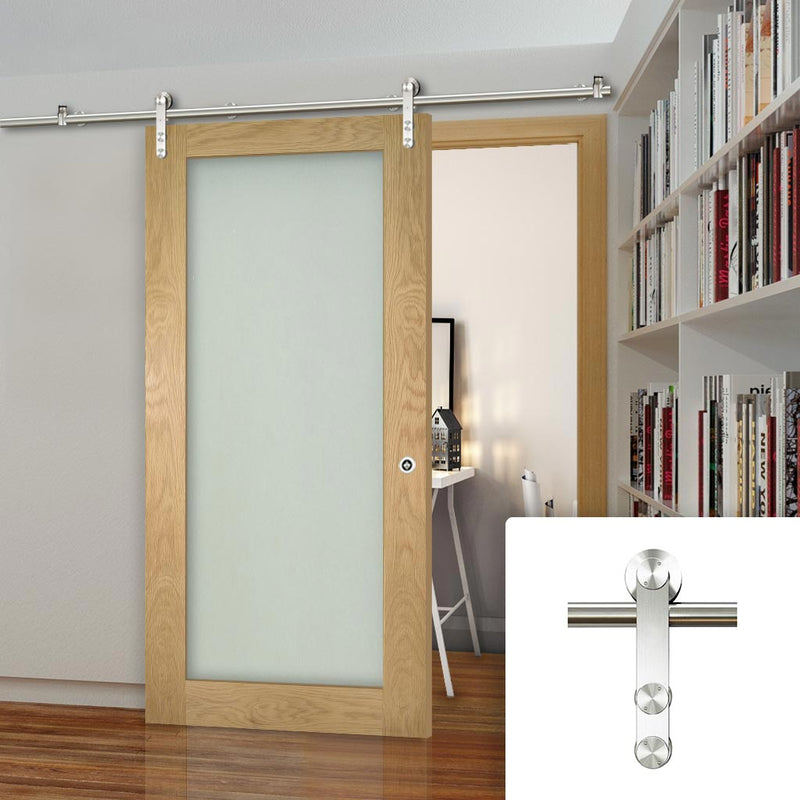 Saturn Tubular Stainless Steel Sliding Track & Walden Oak Door - Frosted Glass - Unfinished