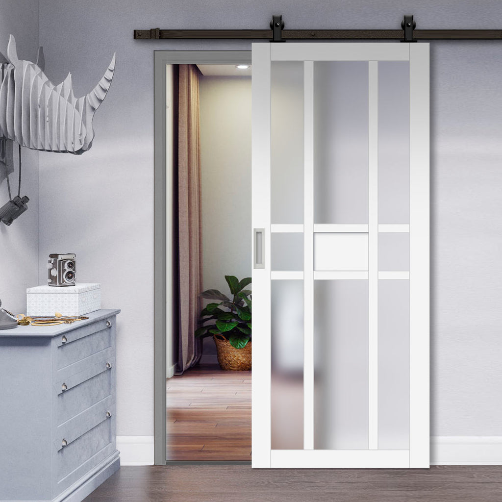 Top Mounted Black Sliding Track & Solid Wood Door - Eco-Urban® Tromso 8 Pane 1 Panel Solid Wood Door DD6402SG Frosted Glass - Cloud White Premium Primed