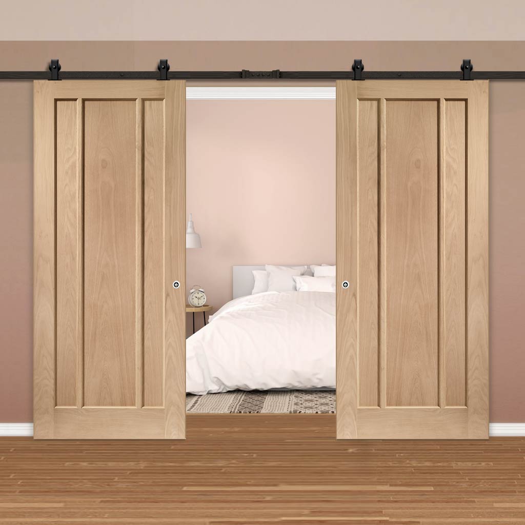 Top Mounted Black Sliding Track & Double Door - Worcester Oak 3 Panel Doors - Prefinished