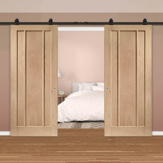 Image: Top Mounted Black Sliding Track & Double Door - Worcester Oak 3 Panel Doors - Prefinished