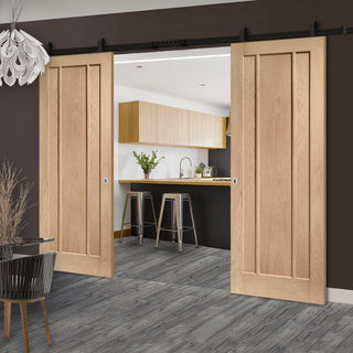 Image: Top Mounted Black Sliding Track & Double Door - Worcester Oak 3 Panel Doors - Unfinished