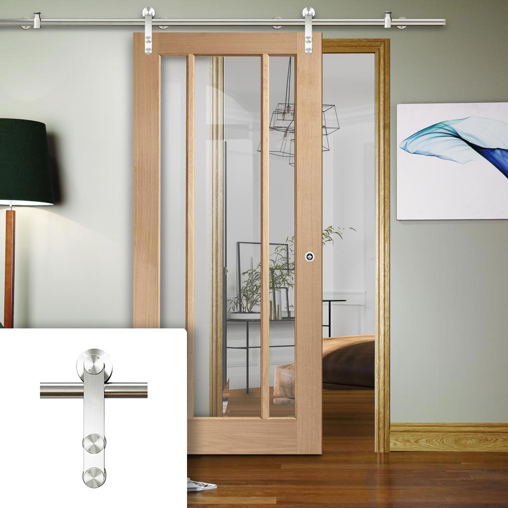 Saturn Tubular Stainless Steel Sliding Track & Worcester Oak 3 Pane Door - Clear Glass - Prefinished