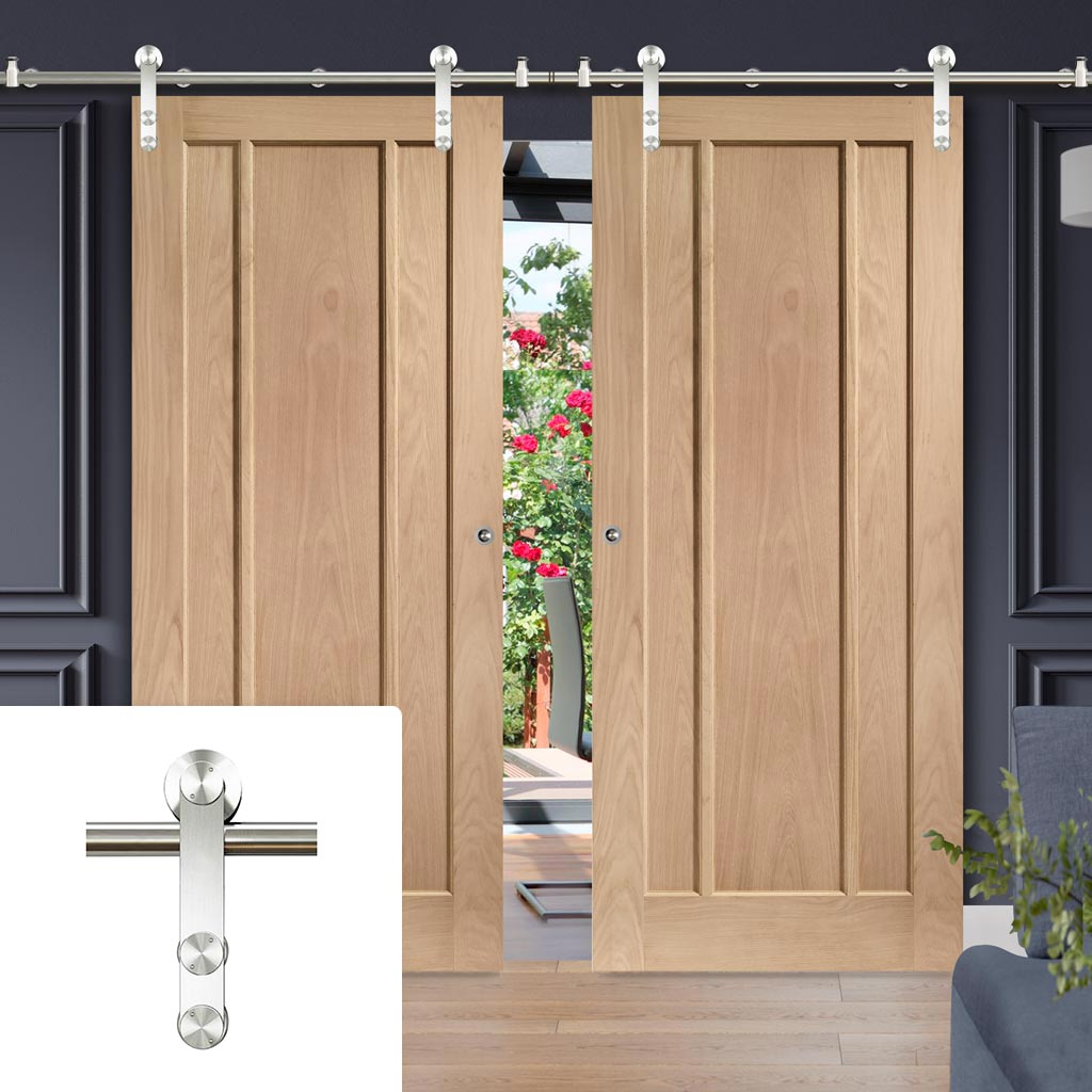 Saturn Tubular Stainless Steel Sliding Track & Worcester Oak 3 Panel Double Door - Prefinished
