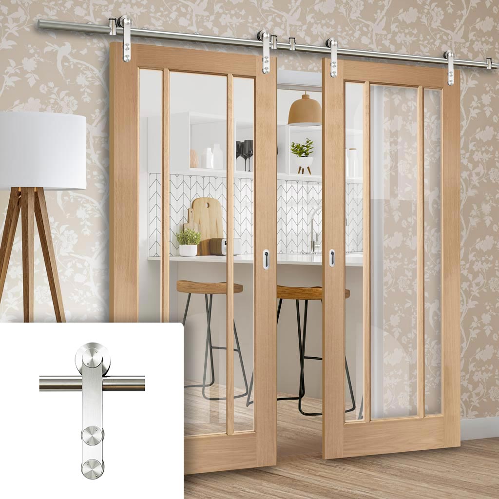 Saturn Tubular Stainless Steel Sliding Track & Worcester Oak 3 Pane Double Door - Clear Glass - Unfinished