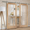 Saturn Tubular Stainless Steel Sliding Track & Worcester Oak 3 Pane Double Door - Clear Glass - Unfinished
