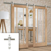 Saturn Tubular Stainless Steel Sliding Track & Worcester Oak 3 Pane Double Door - Clear Glass - Unfinished