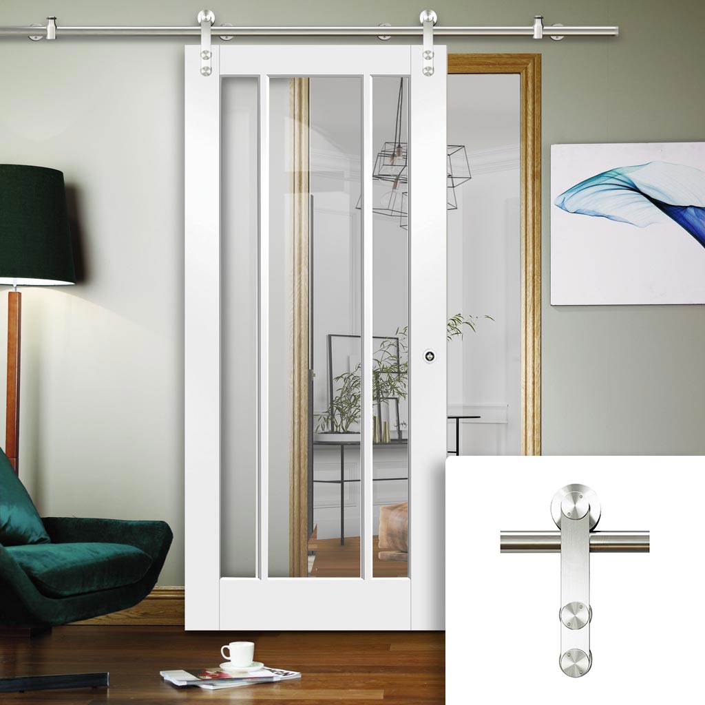 Saturn Tubular Stainless Steel Sliding Track & Worcester 3 Pane Door - Clear Glass - White Primed