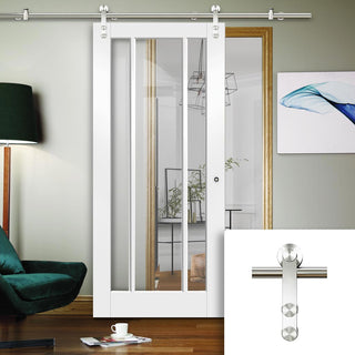 Image: Saturn Tubular Stainless Steel Sliding Track & Worcester 3 Pane Door - Clear Glass - White Primed