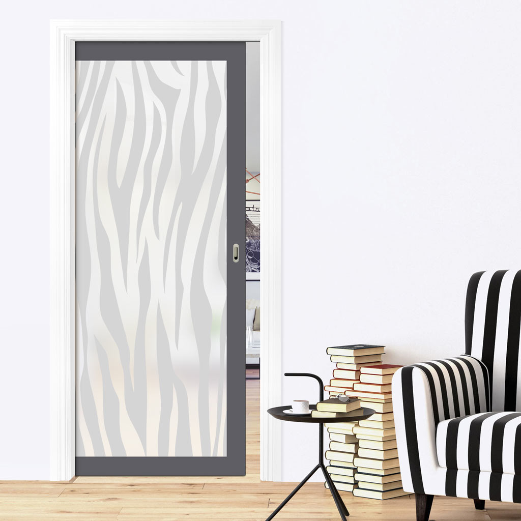 Eco-Urban Artisan® Single Evokit Pocket Door - Zebra Animal Print 6mm Obscure Glass - Obscure Printed Design - Colour & Size Options