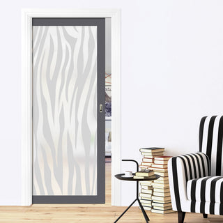 Image: Eco-Urban Artisan® Single Evokit Pocket Door - Zebra Animal Print 6mm Obscure Glass - Obscure Printed Design - Colour & Size Options