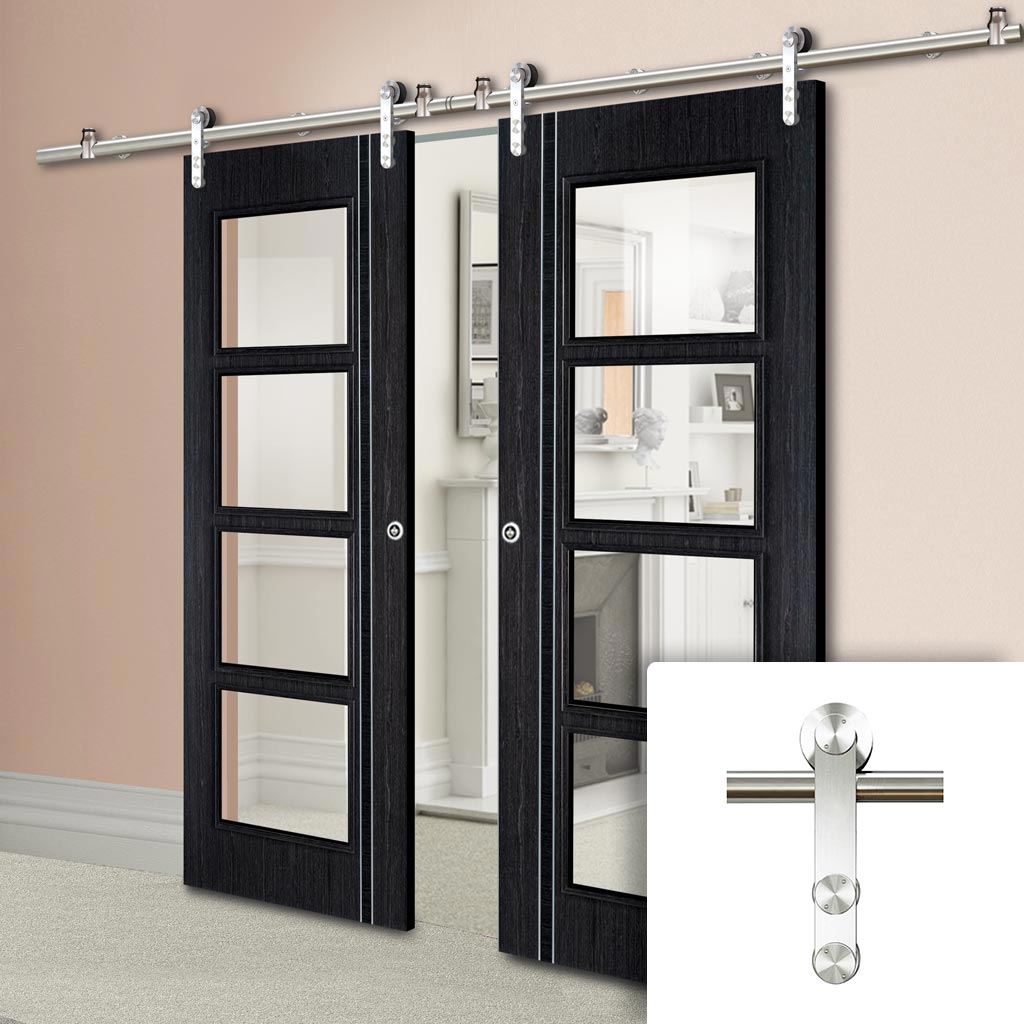 Saturn Tubular Stainless Steel Sliding Track & Zanzibar Ash Grey Double Door - Clear Glass - Prefinished