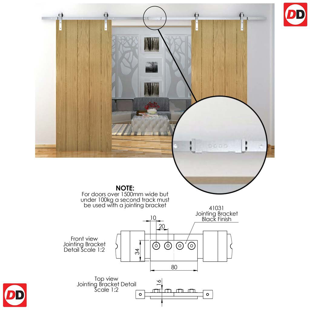 Double Sliding Door & Track - Dove Oak Doors - Clear Glass