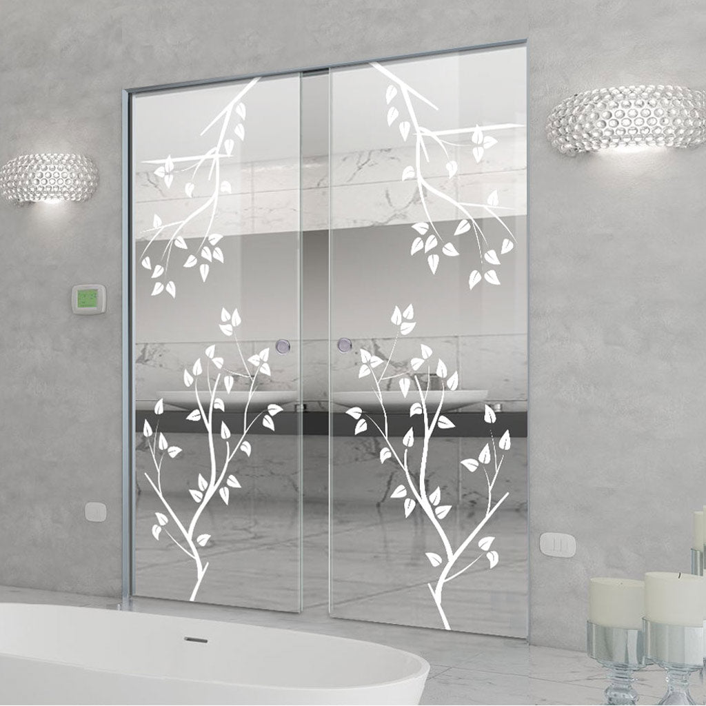 Birch Tree 8mm Clear Glass - Obscure Printed Design - Double Absolute Pocket Door