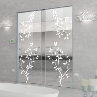Image: Birch Tree 8mm Clear Glass - Obscure Printed Design - Double Absolute Pocket Door