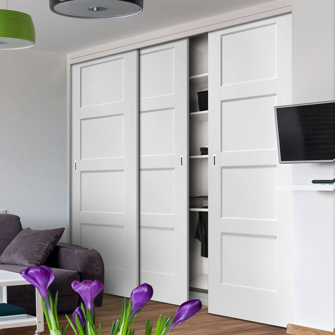 Three Sliding Wardrobe Doors & Frame Kit - Shaker 4P Door - White Primed