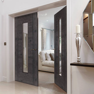 Image: J B Kind Laminates Alabama Cinza Dark Grey Coloured Door Pair - Clear Glass - Prefinished