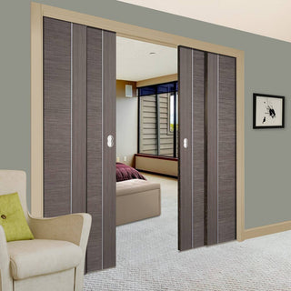 Image: Chocolate Grey Alcaraz Staffetta Quad Telescopic Pocket Doors - Prefinished