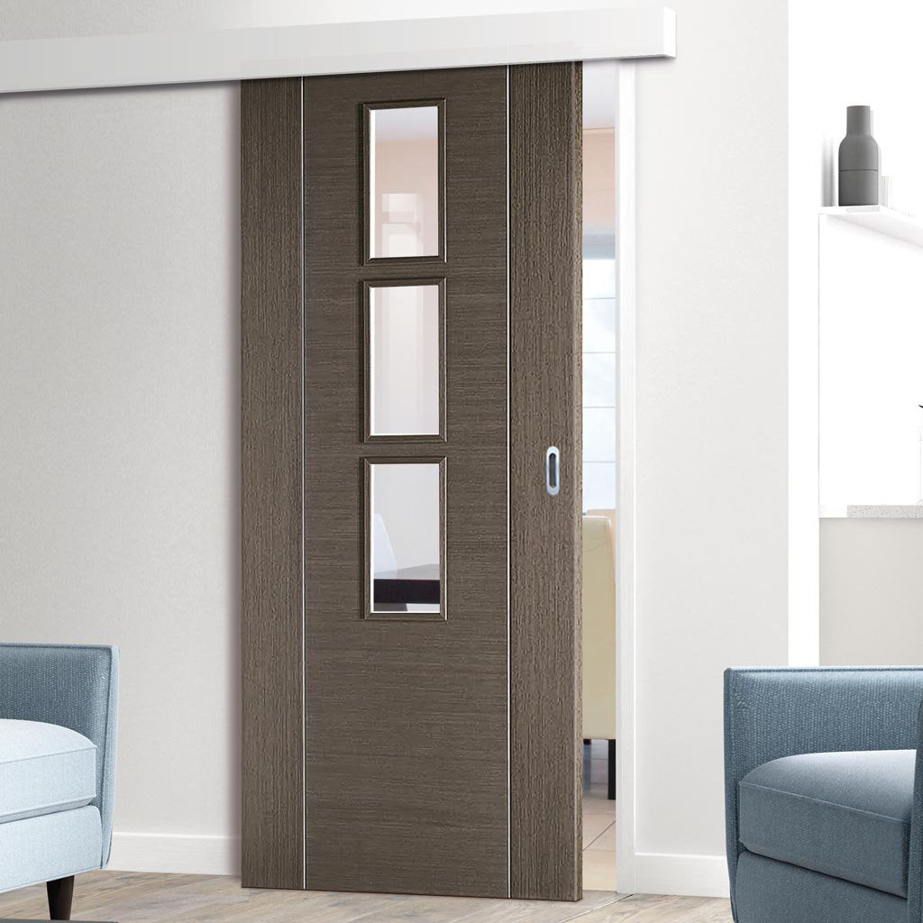 Single Sliding Door & Wall Track - Alcaraz Chocolate Grey Door - Clear Glass - Prefinished