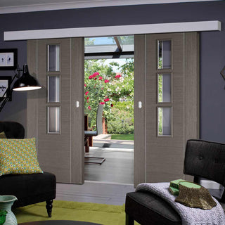 Image: Double Sliding Door & Wall Track - Alcaraz Chocolate Grey Doors - Clear Glass - Prefinished