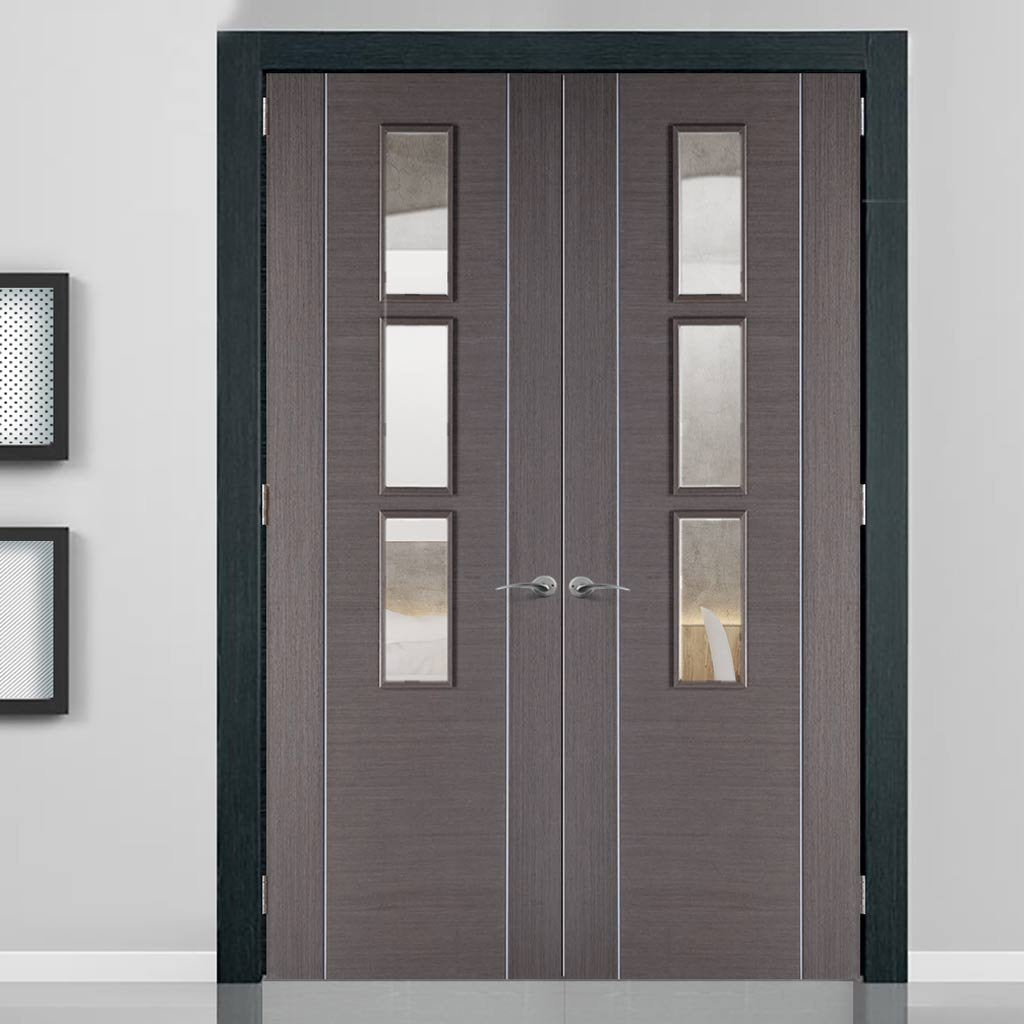 Bespoke Chocolate Grey Alcaraz Door Pair - Clear Glass - Prefinished