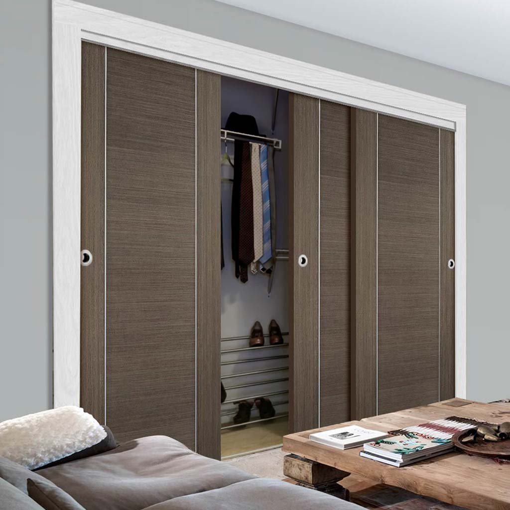 Minimalist Wardrobe Door & Frame Kit - Three Alcaraz Chocolate Grey Doors - Prefinished