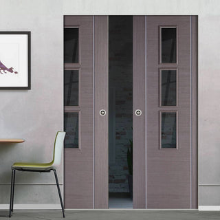 Image: Chocolate Grey Alcaraz Absolute Evokit Double Pocket Doors - Prefinished - Clear Glass