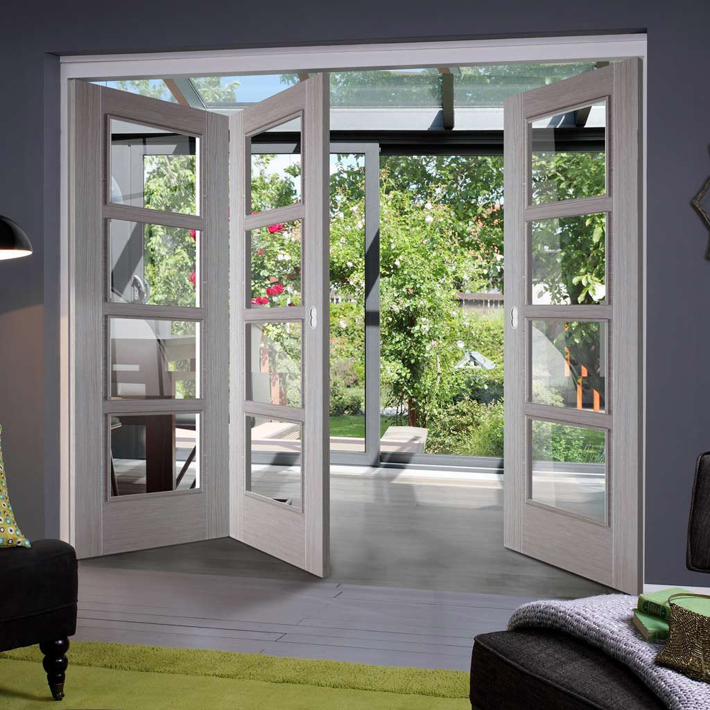 Three Folding Doors & Frame Kit - Vancouver Light Grey 2+1 - Clear Glass - Prefinished