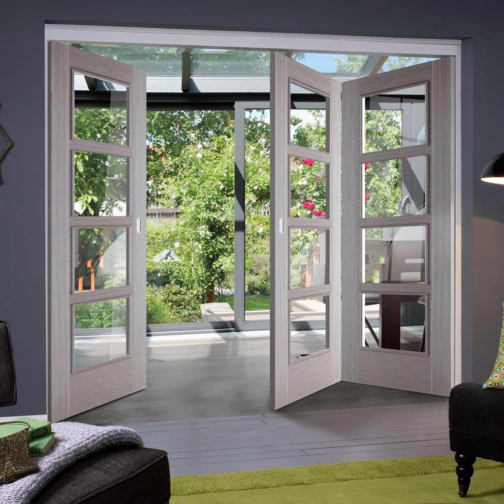 Three Folding Doors & Frame Kit - Vancouver Light Grey 2+1 - Clear Glass - Prefinished
