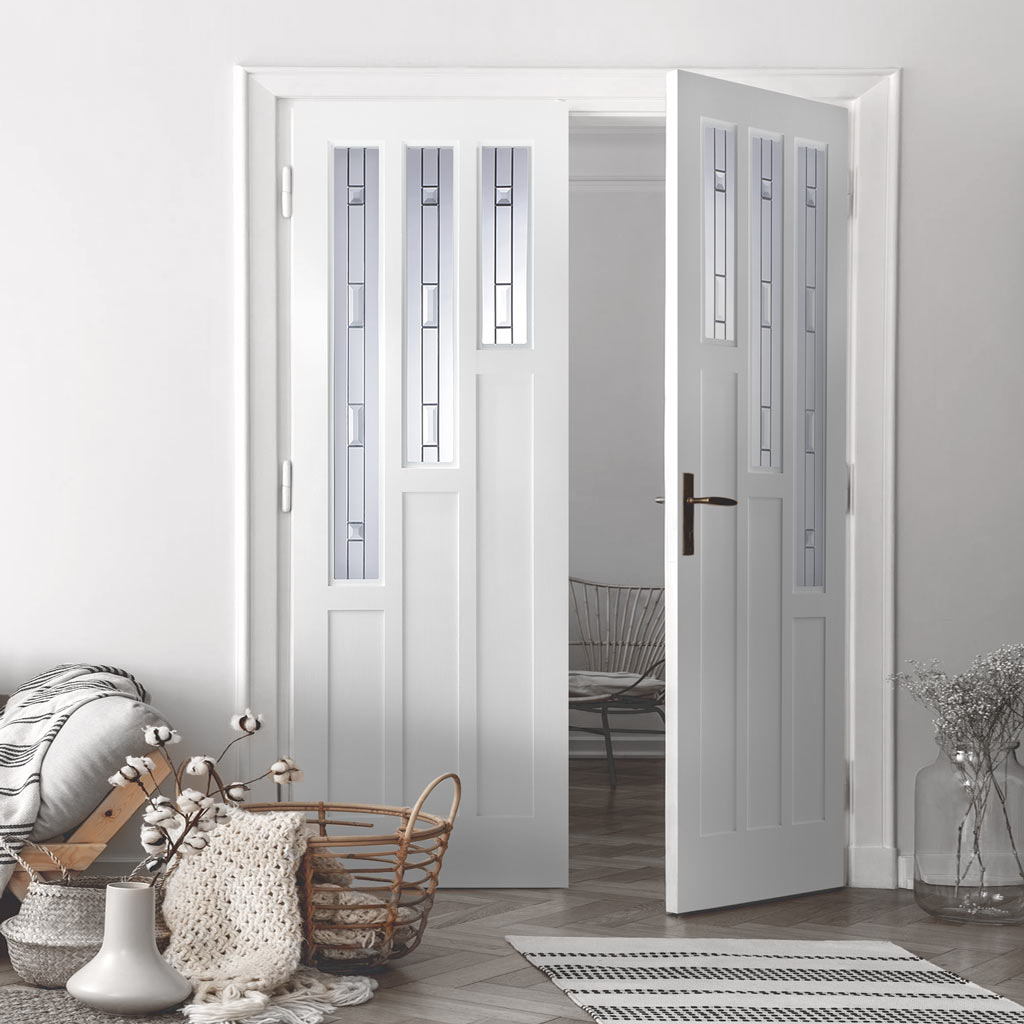 Alexander Lightly Grained Internal PVC Door Pair - Tay Style Sandblasted Glass