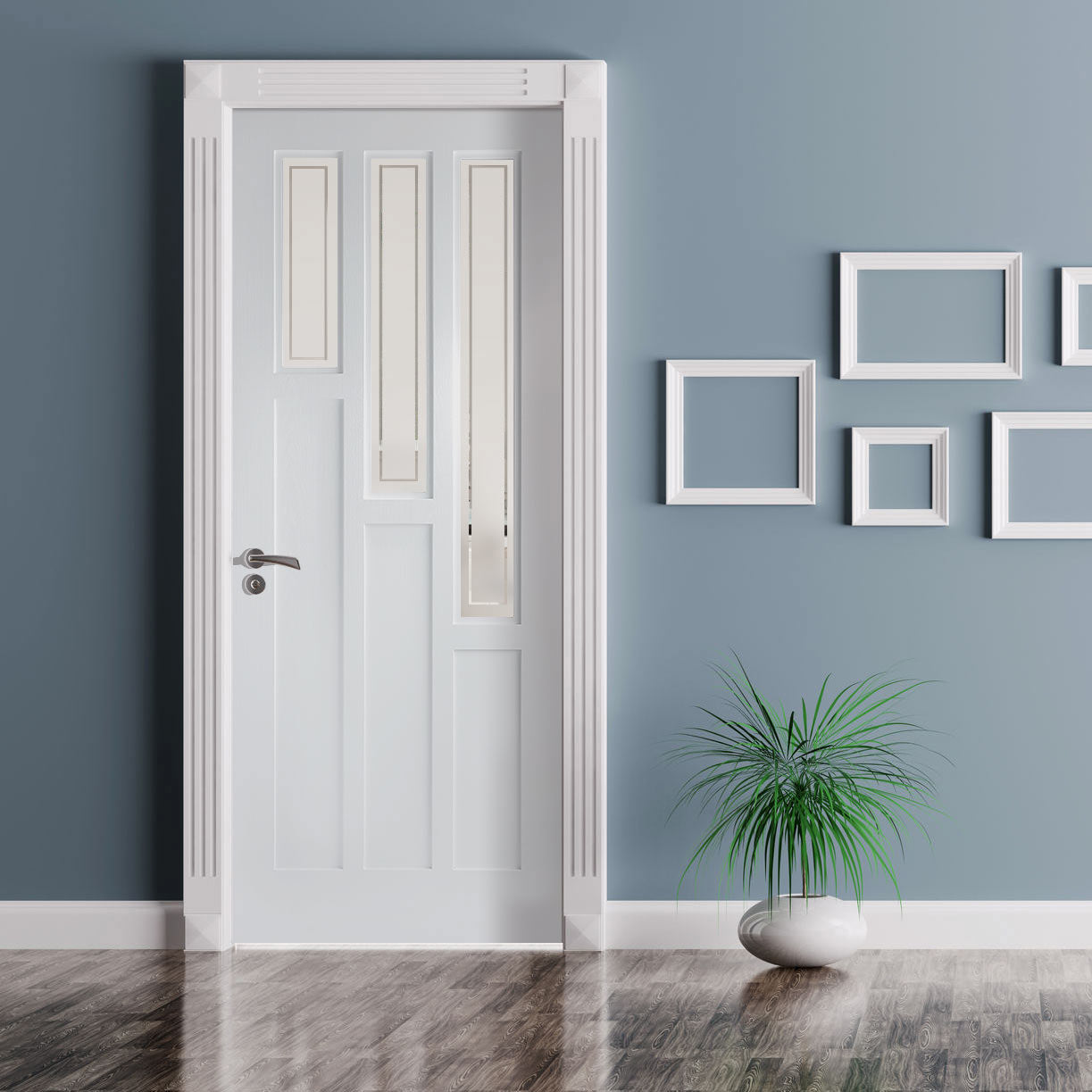 Alexander Lightly Grained PVC Door Sandblasted Glass with Clear Bord