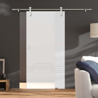 Image: Single Glass Sliding Door - Solaris Tubular Stainless Steel Sliding Track & Allanton 8mm Obscure Glass - Obscure Printed Design