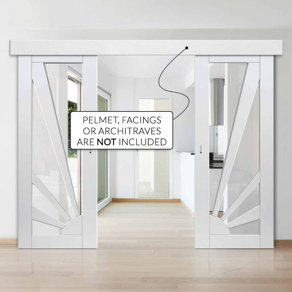 Double Sliding Door & Wall Track - Calypso Aurora White Primed Doors - Clear Glass