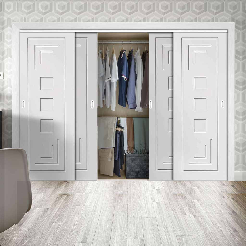 Four Sliding Wardrobe Doors & Frame Kit - Altino Flush Door - White Primed