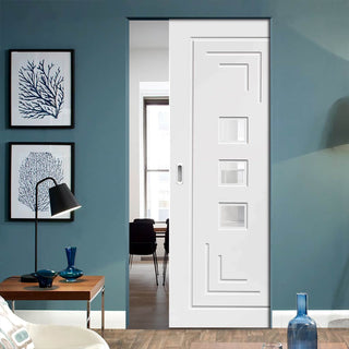 Image: Bespoke Altino White Primed Glazed Single Frameless Pocket Door
