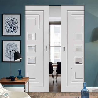 Image: Bespoke Altino White Primed Glazed Double Frameless Pocket Door