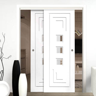 Image: Bespoke Thruslide Altino Glazed - 2 Sliding Doors and Frame Kit - White Primed